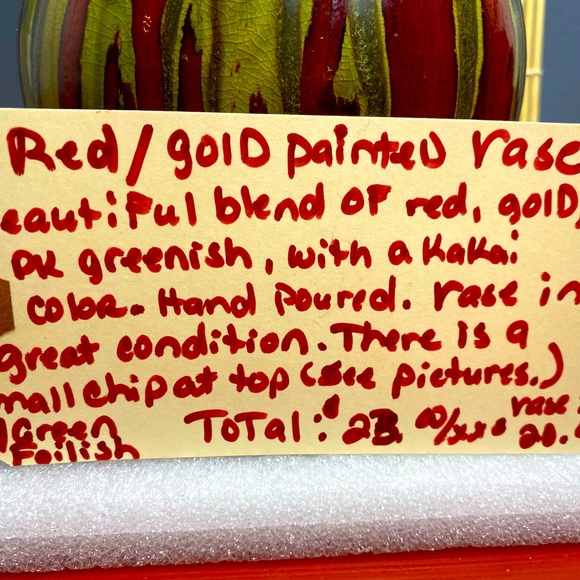 This is a beautiful red, vase with various colors of yellow and khaki running - Picture 5 of 6